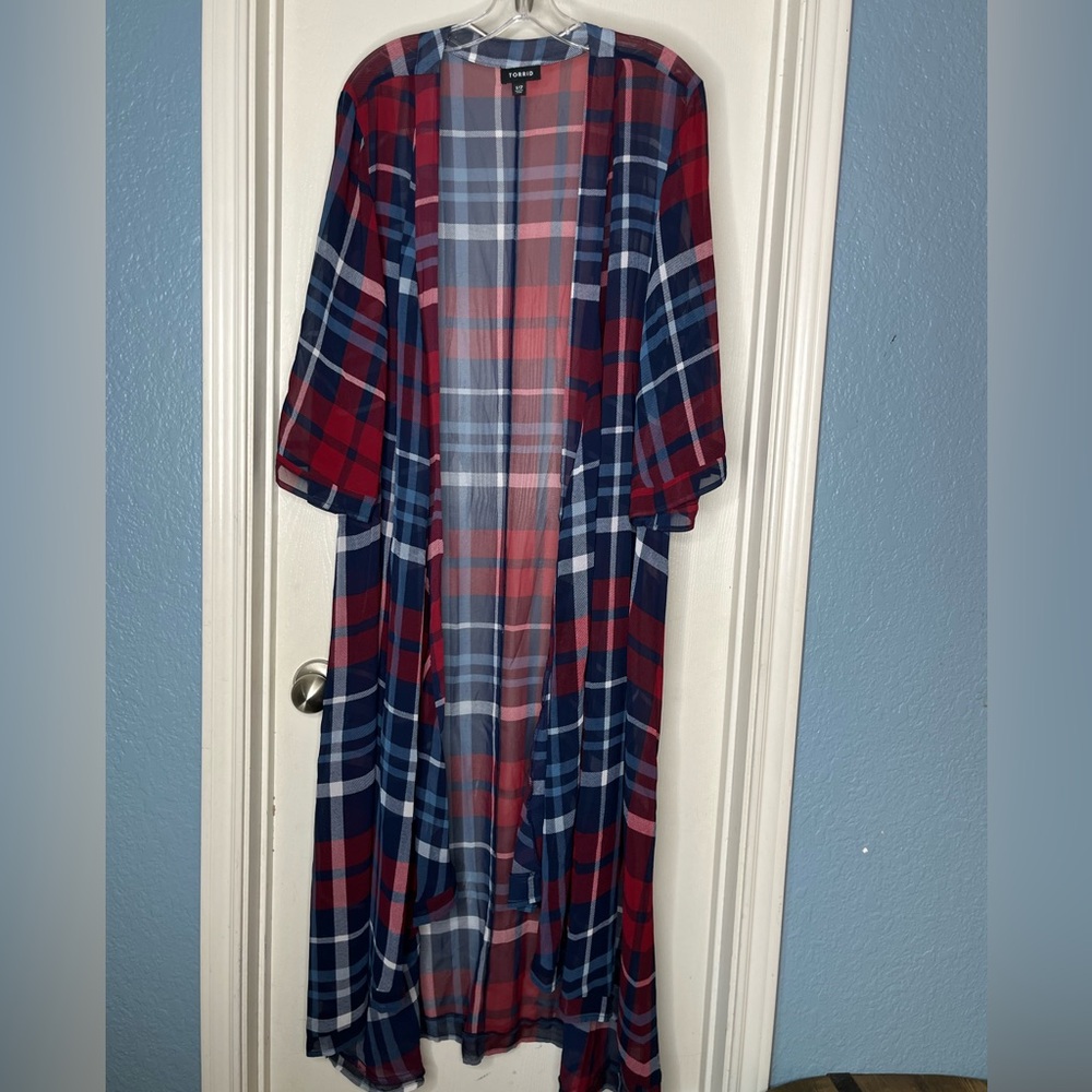 Torrid Red White Blue Plaid Kimono Duster Sheer